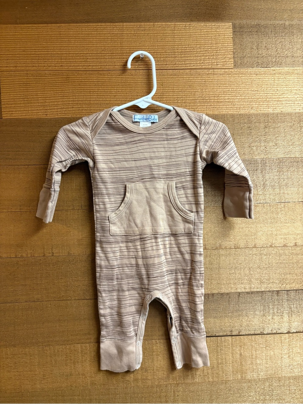 Feather Baby 0-3M Pima Cotton Striped Romper Taupe Kangaroo Pocket